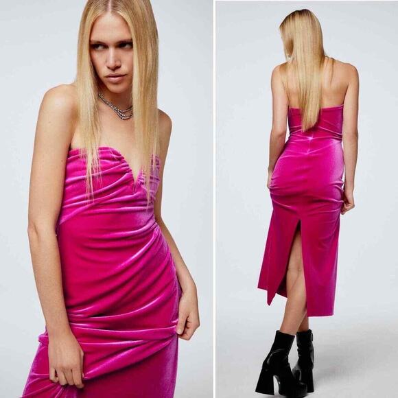 ZARA Women's Velvet Pink Sleeveless Back Zipper Sweetheart Neck Midi Dress Sz S - Picture 1 of 16